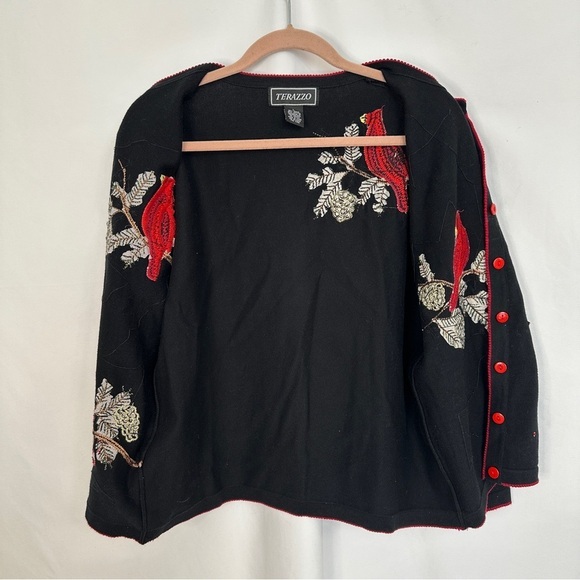Terrazo Cardigan Sweater Size Large Holiday Cardinal Embroidered Beaded Bird - Picture 12 of 13